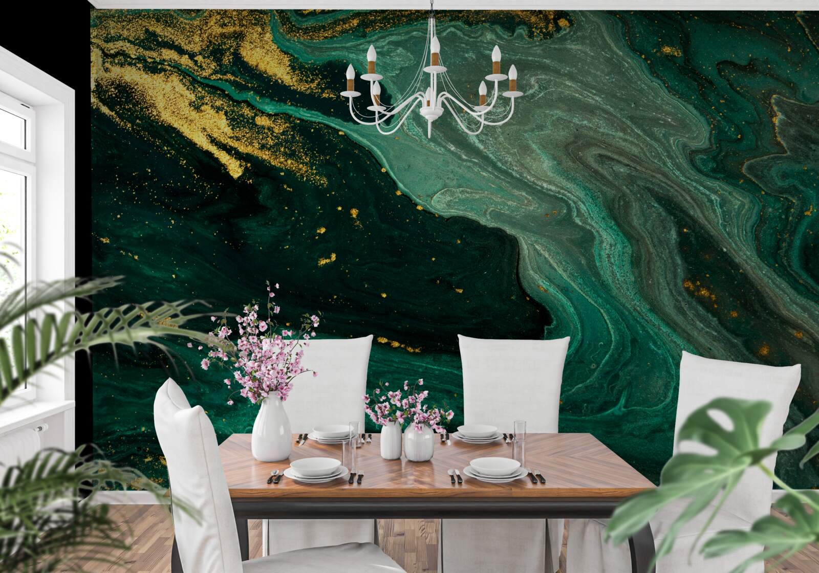 Фотошпалери золоті візерунки на смарагдовому тлі