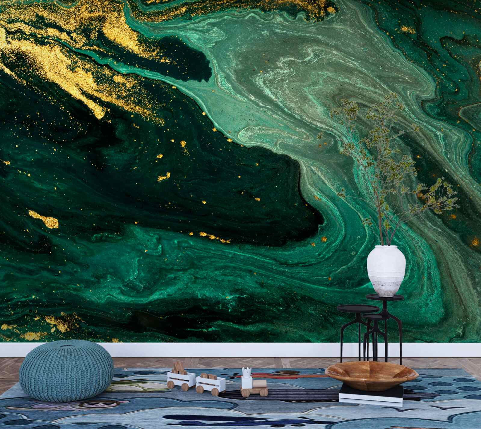 Фотошпалери золоті візерунки на смарагдовому тлі