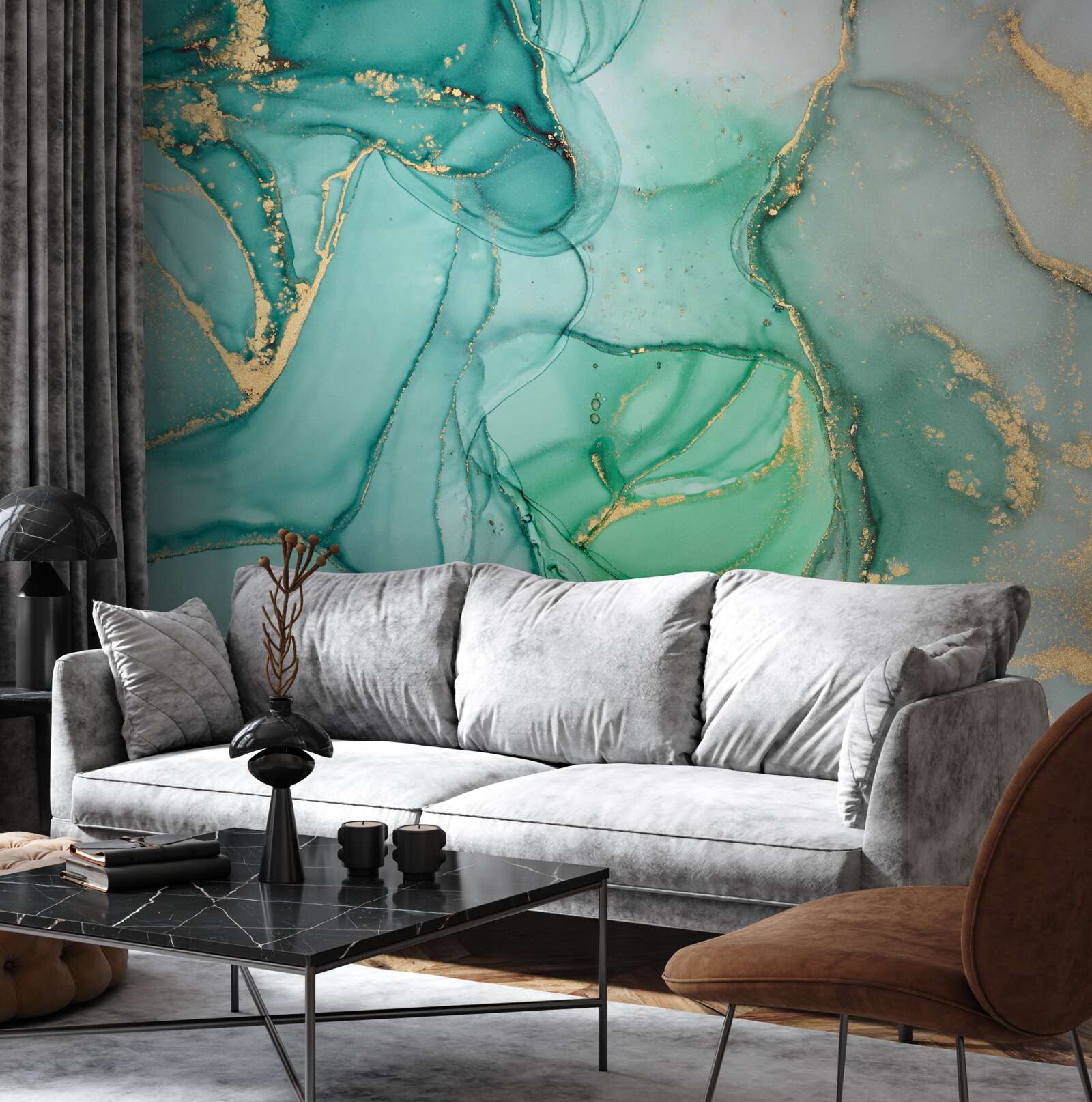 Фотошпалери смарагдова абстракція з золотими тонами