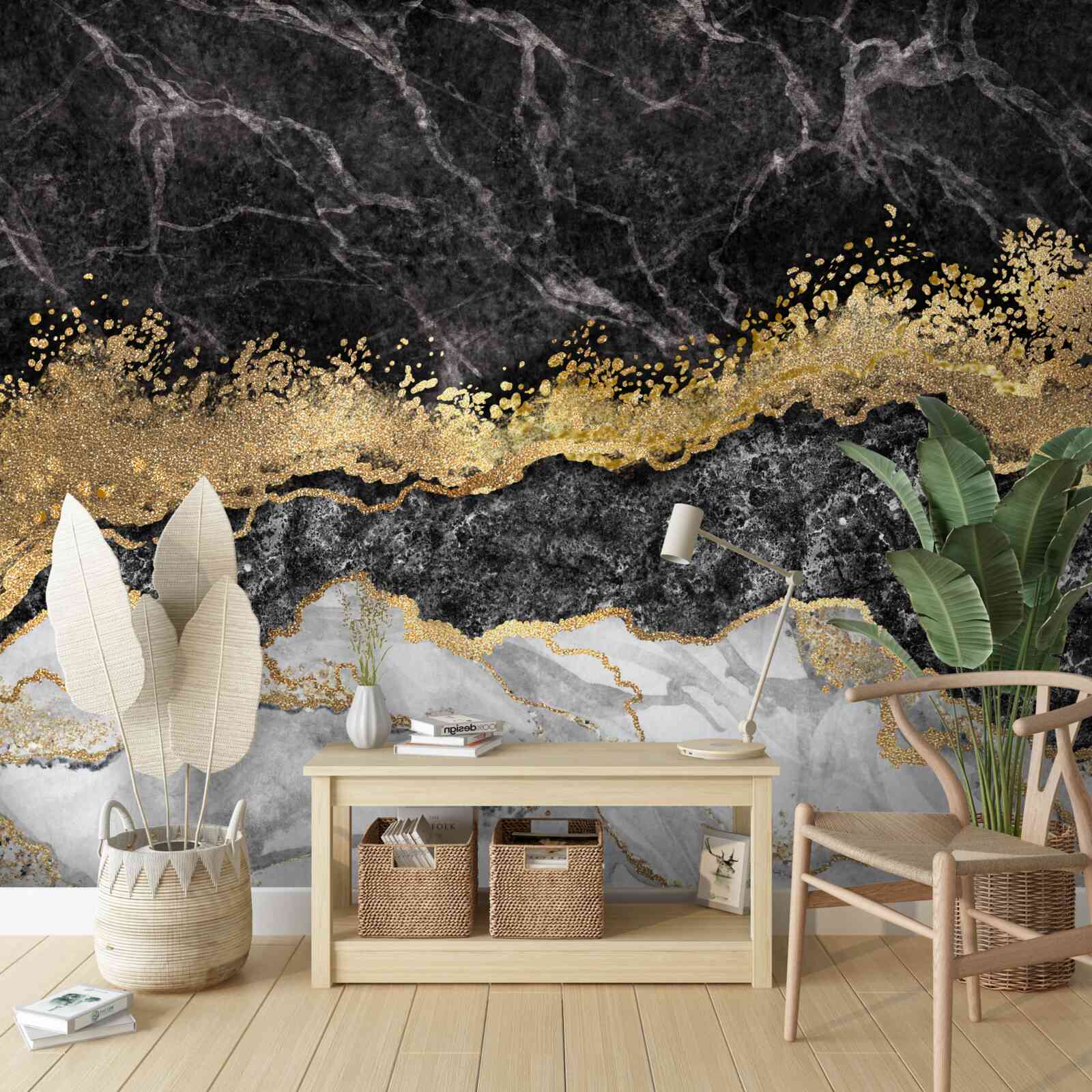 Фотошпалери мармур із золотом на чорному тлі