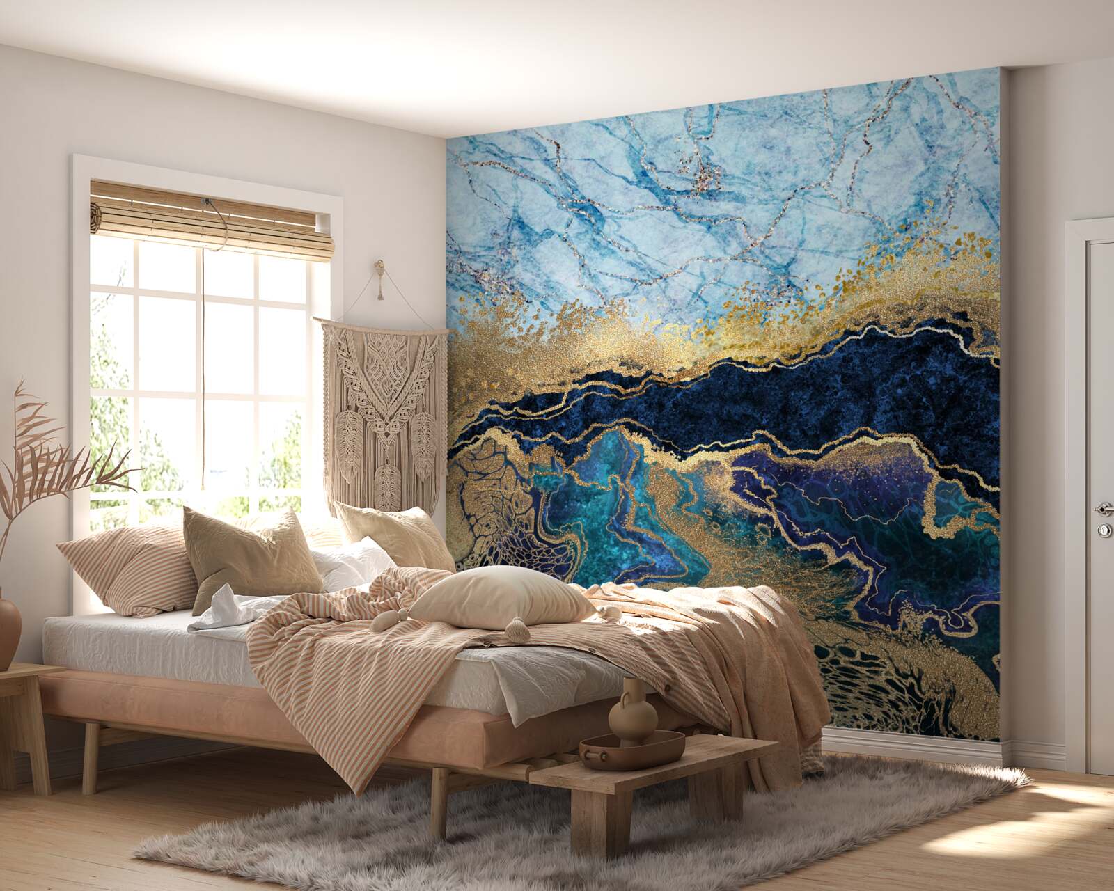 Фотошпалери розкішний блакитний мармур із золотими прожилками