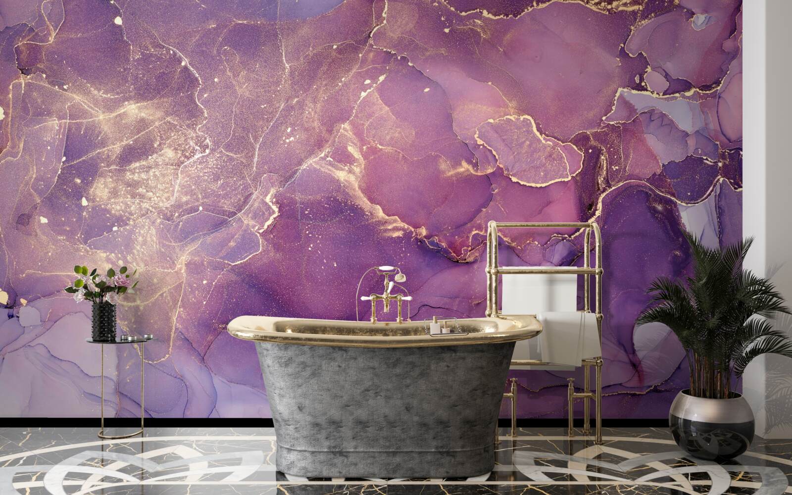 Фотошпалери мармурове тло золотого кольору з фіолетовим відтінком