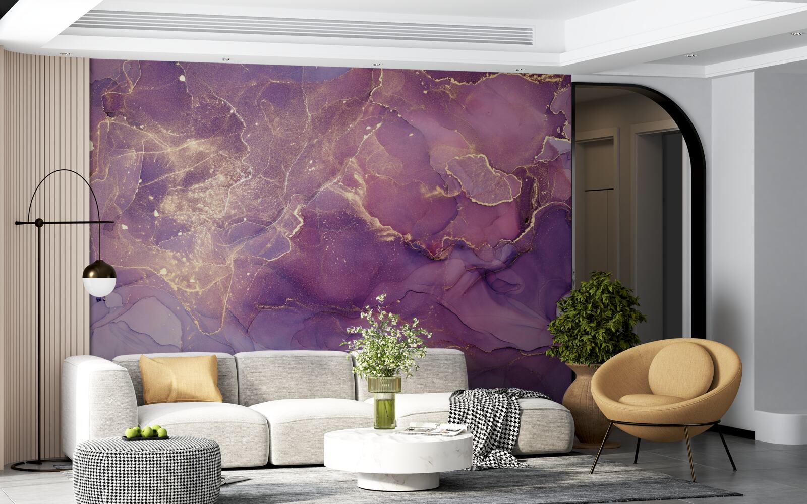 Фотошпалери мармурове тло золотого кольору з фіолетовим відтінком