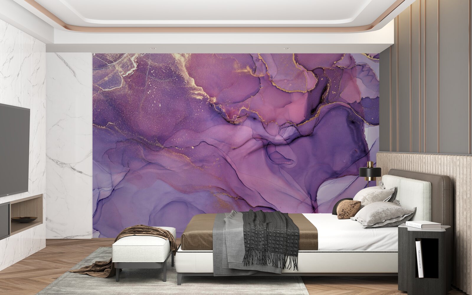 Фотошпалери бузковий мармуровий фон із золотими елементами
