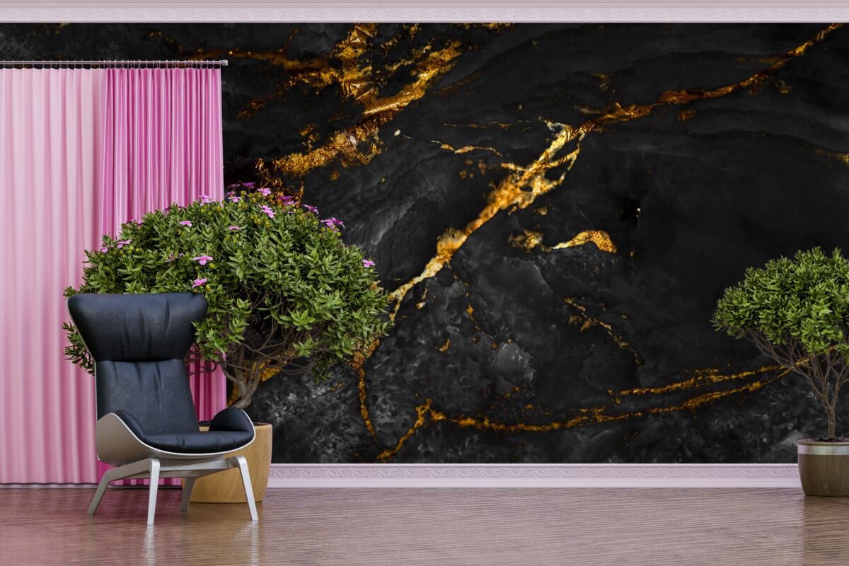 Фотошпалери чорний мармур із золотими прожилками