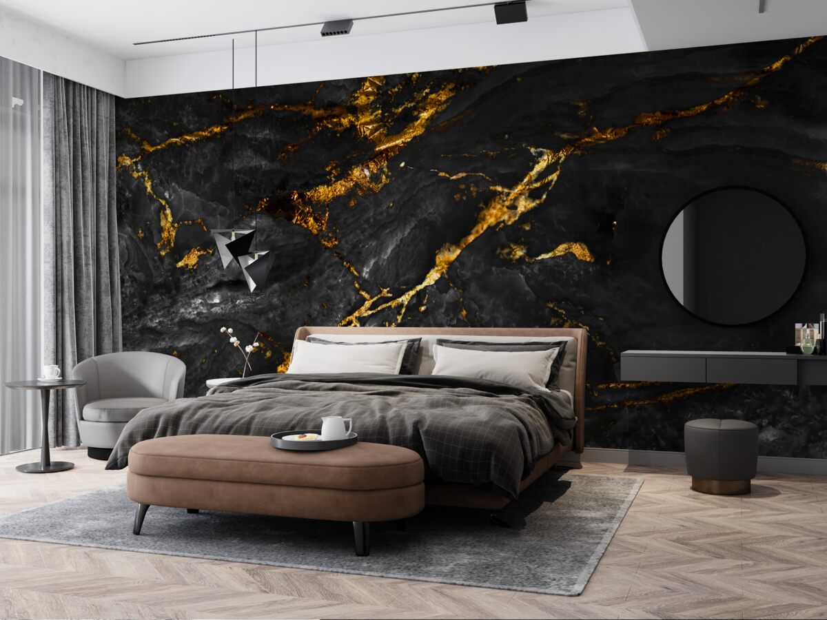 Фотошпалери чорний мармур із золотими прожилками