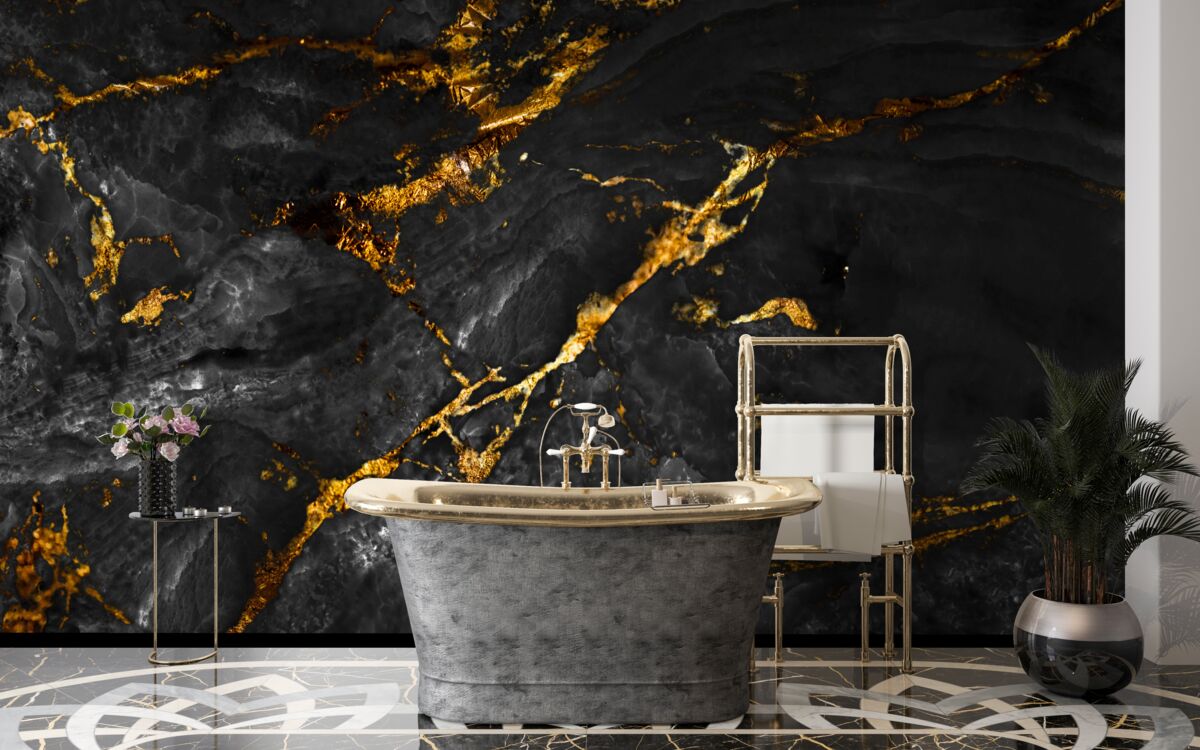 Фотошпалери чорний мармур із золотими прожилками