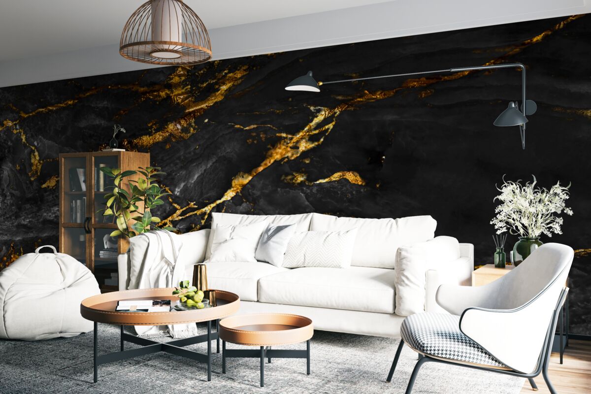 Фотошпалери чорний мармур із золотими прожилками