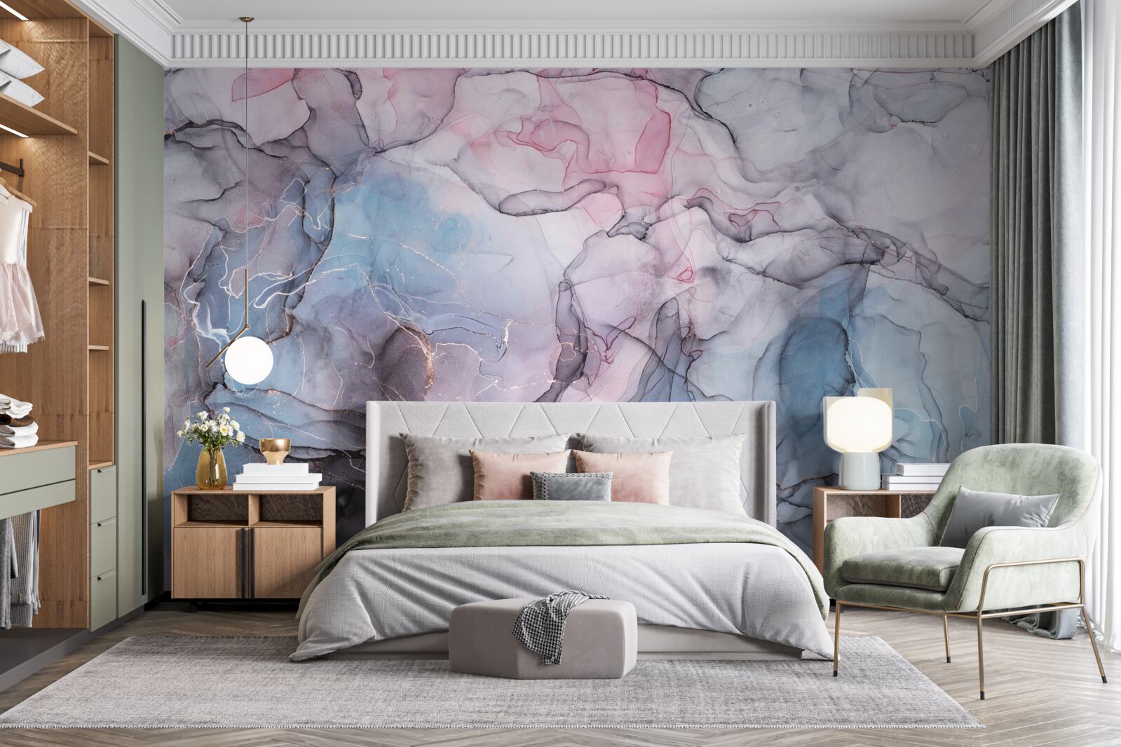 Фотошпалери абстрактний мармур у відтінках рожевого та блакитного