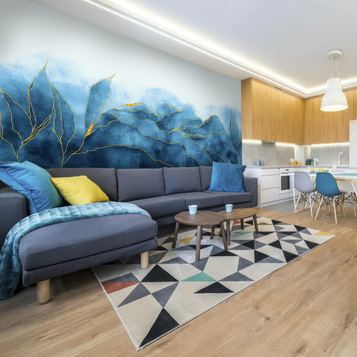 Фотошпалери акварельне листя у відтінках синього