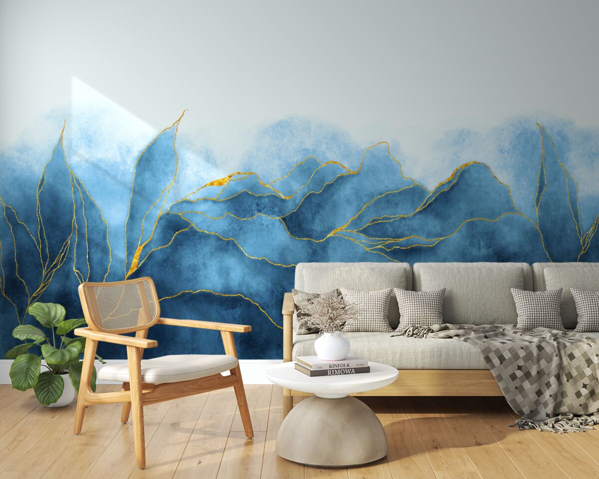 Фотошпалери акварельне листя у відтінках синього