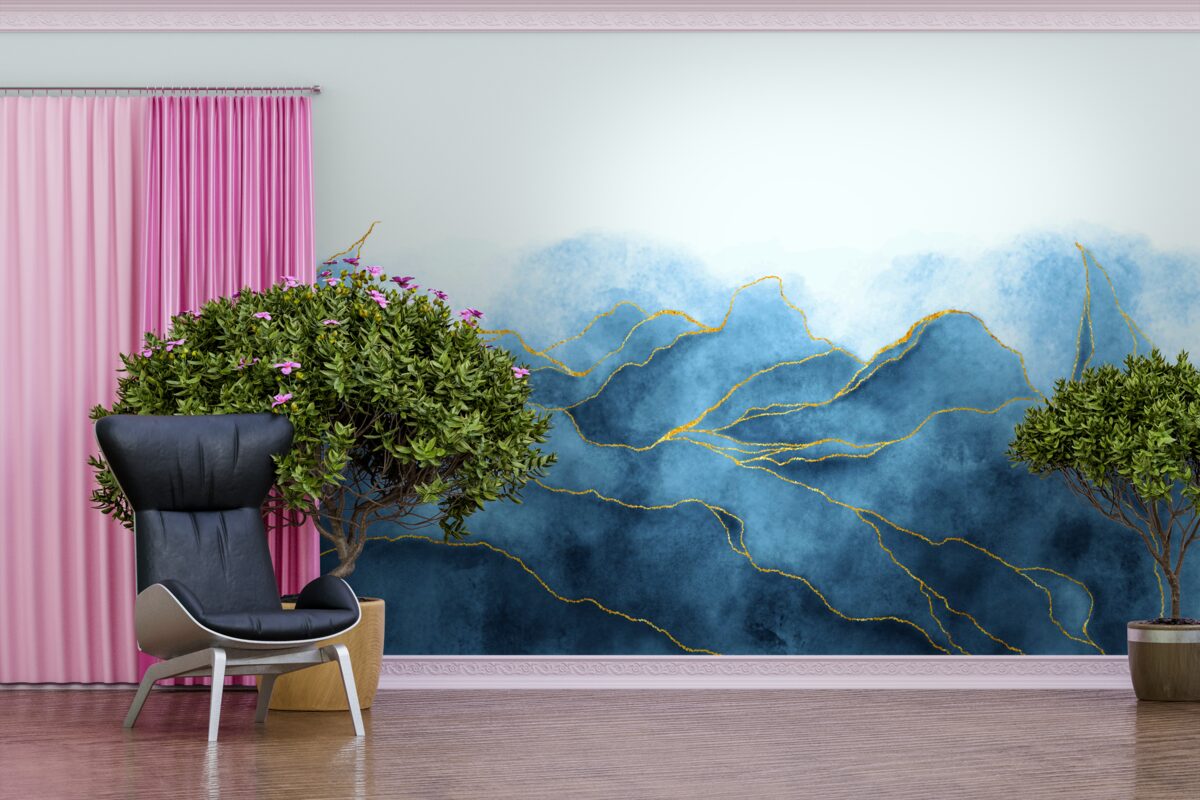 Фотошпалери акварельне листя у відтінках синього