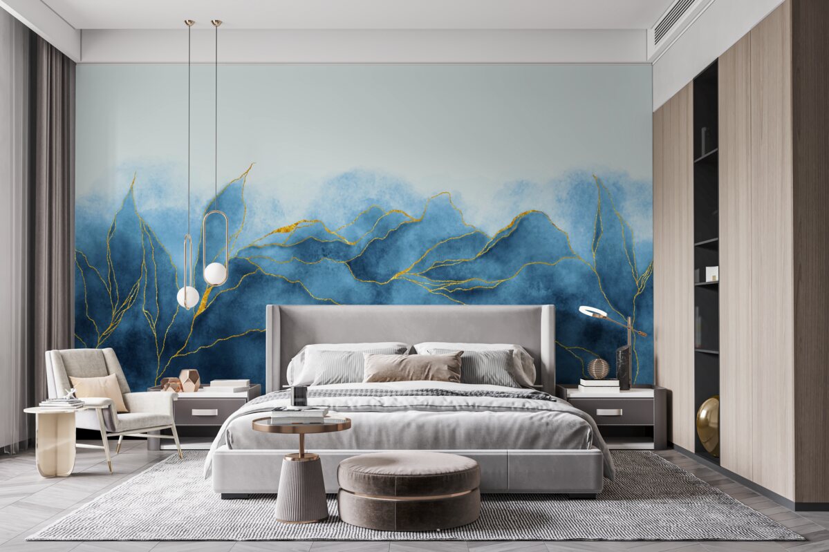 Фотошпалери акварельне листя у відтінках синього