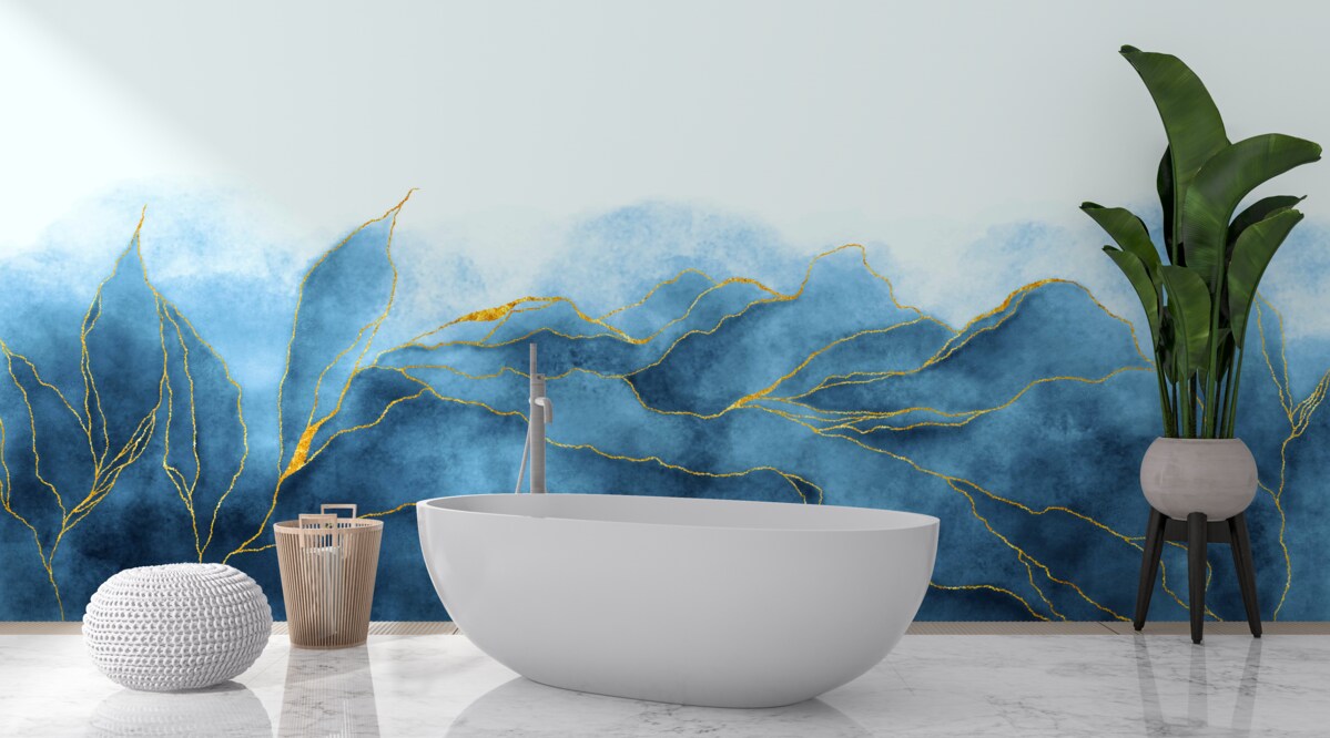 Фотошпалери акварельне листя у відтінках синього