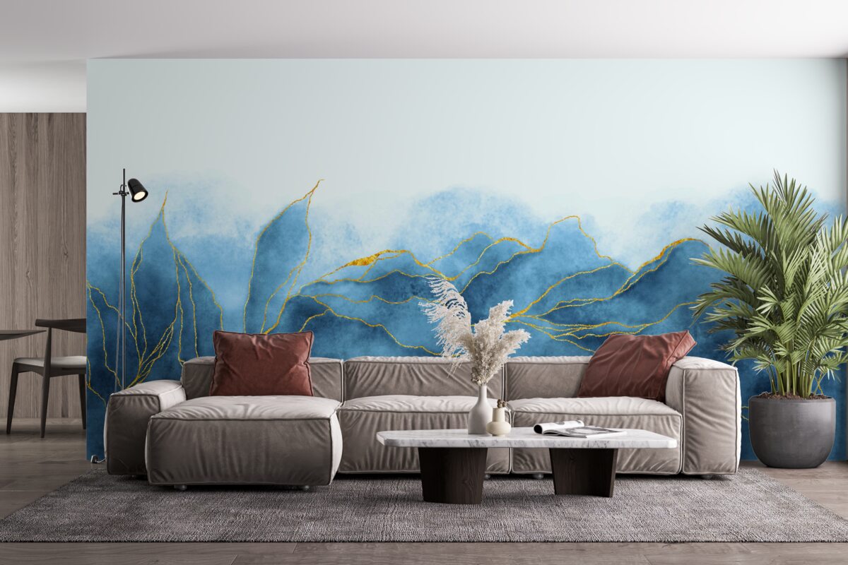 Фотошпалери акварельне листя у відтінках синього