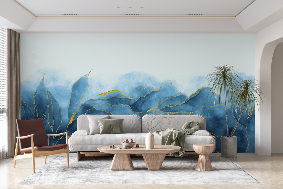 Фотошпалери акварельне листя у відтінках синього