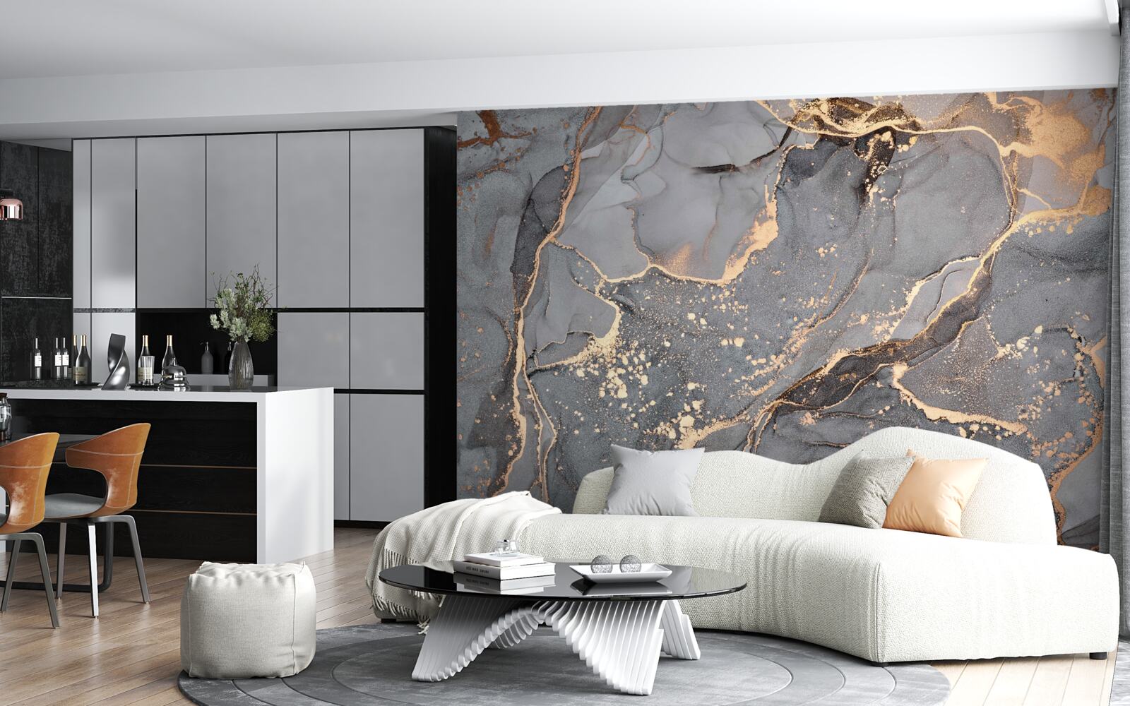 Фотошпалери абстрактний акварельний твір у відтінках сірого та золотого