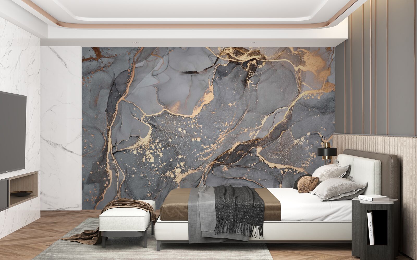 Фотошпалери абстрактний акварельний твір у відтінках сірого та золотого