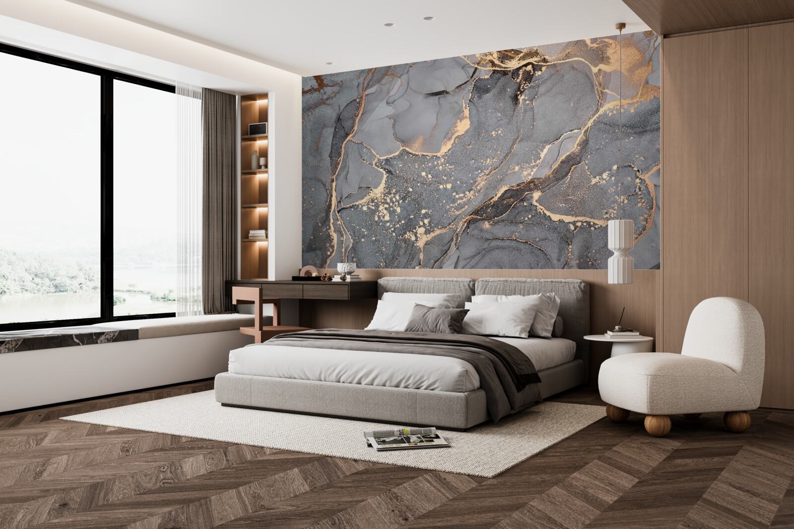 Фотошпалери абстрактний акварельний твір у відтінках сірого та золотого