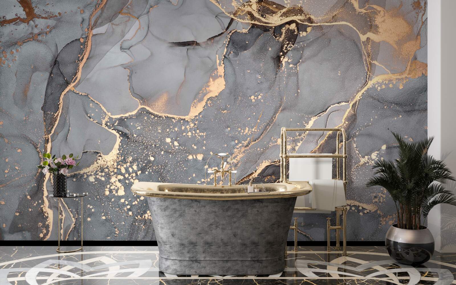 Фотошпалери абстрактний акварельний твір у відтінках сірого та золотого