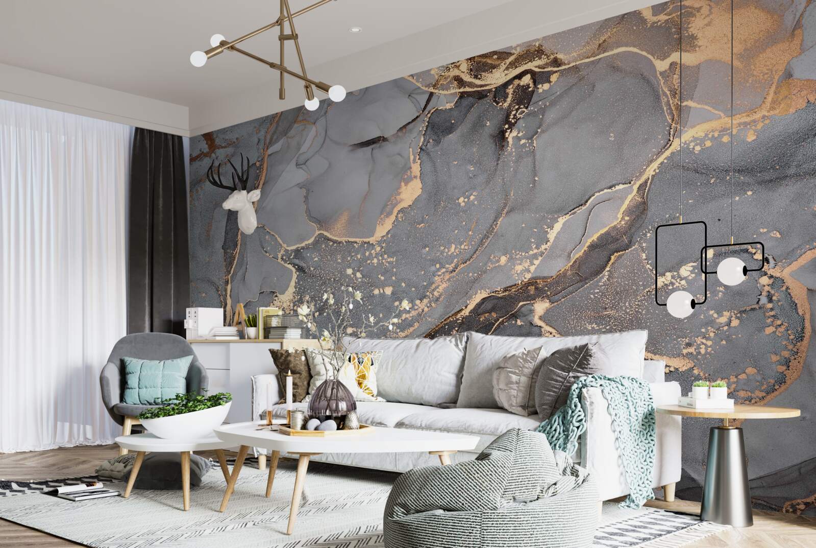 Фотошпалери абстрактний акварельний твір у відтінках сірого та золотого