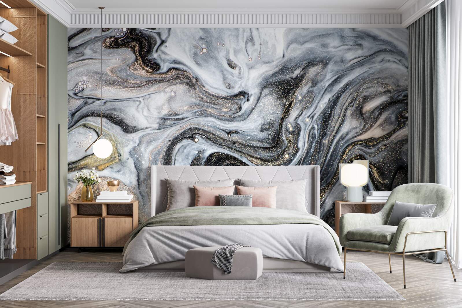 Фотошпалери чорний мармур із золотими прожилками