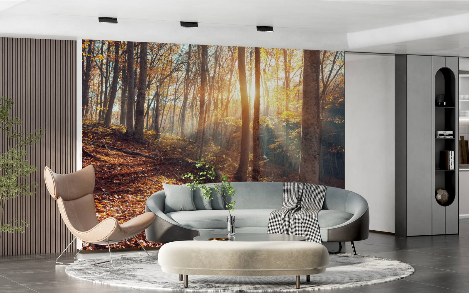 Фотошпалери ранковий ліс, оповитий туманом, відчуває тепло сонця