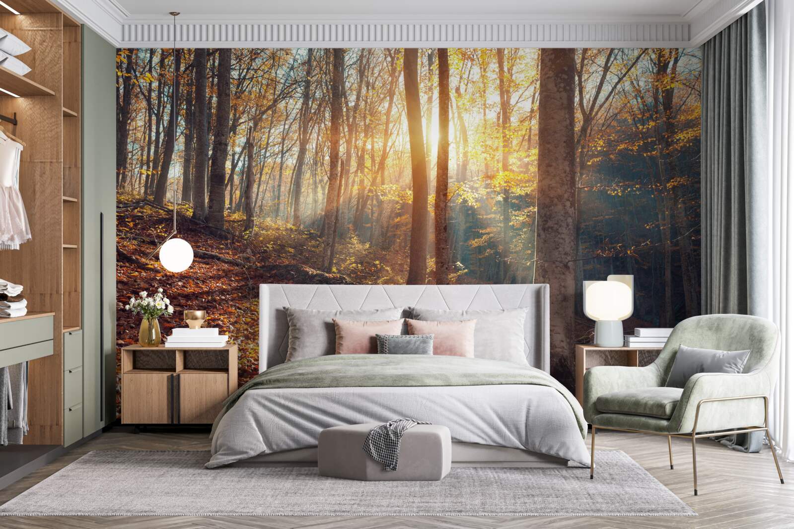 Фотошпалери ранковий ліс, оповитий туманом, відчуває тепло сонця