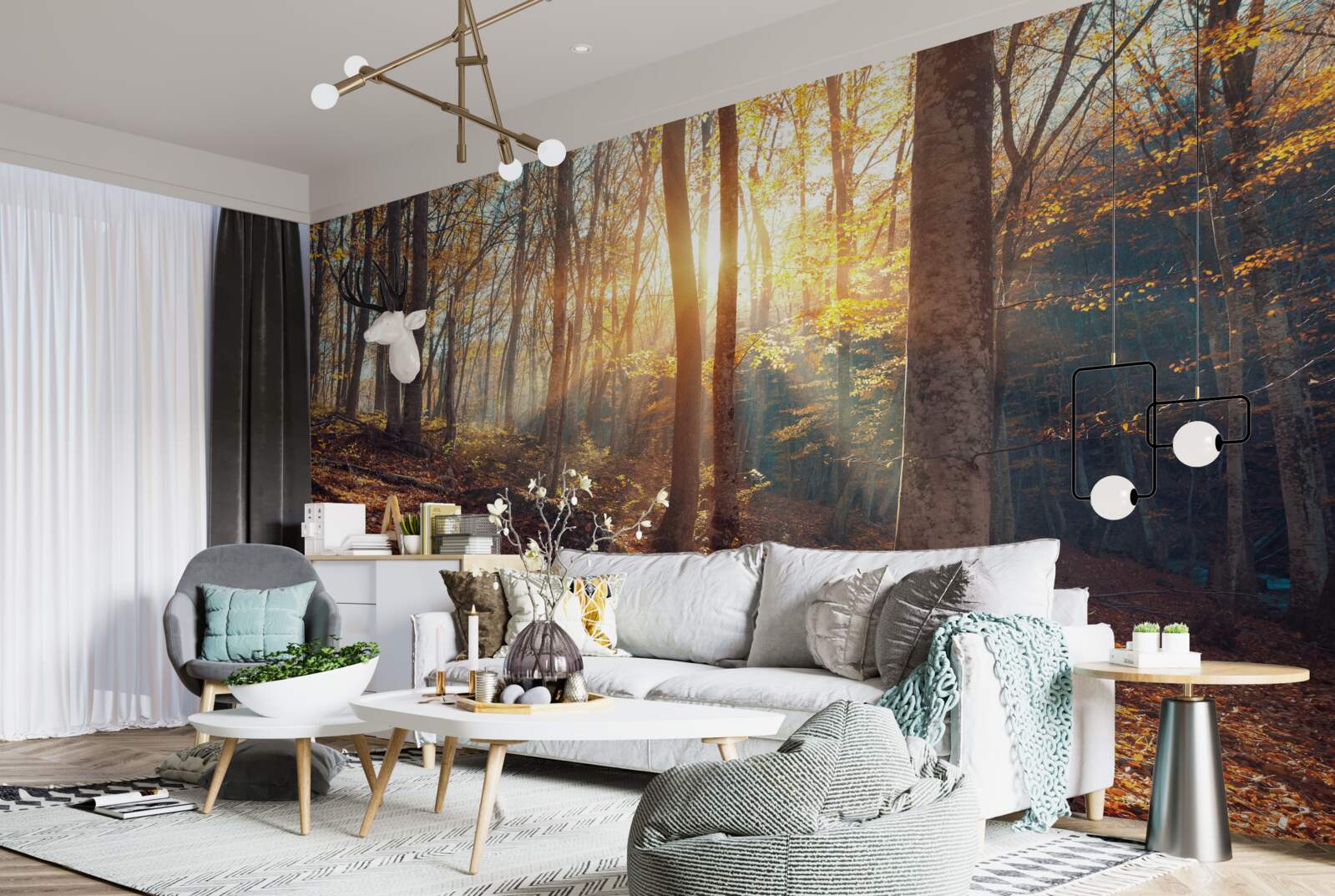 Фотошпалери ранковий ліс, оповитий туманом, відчуває тепло сонця