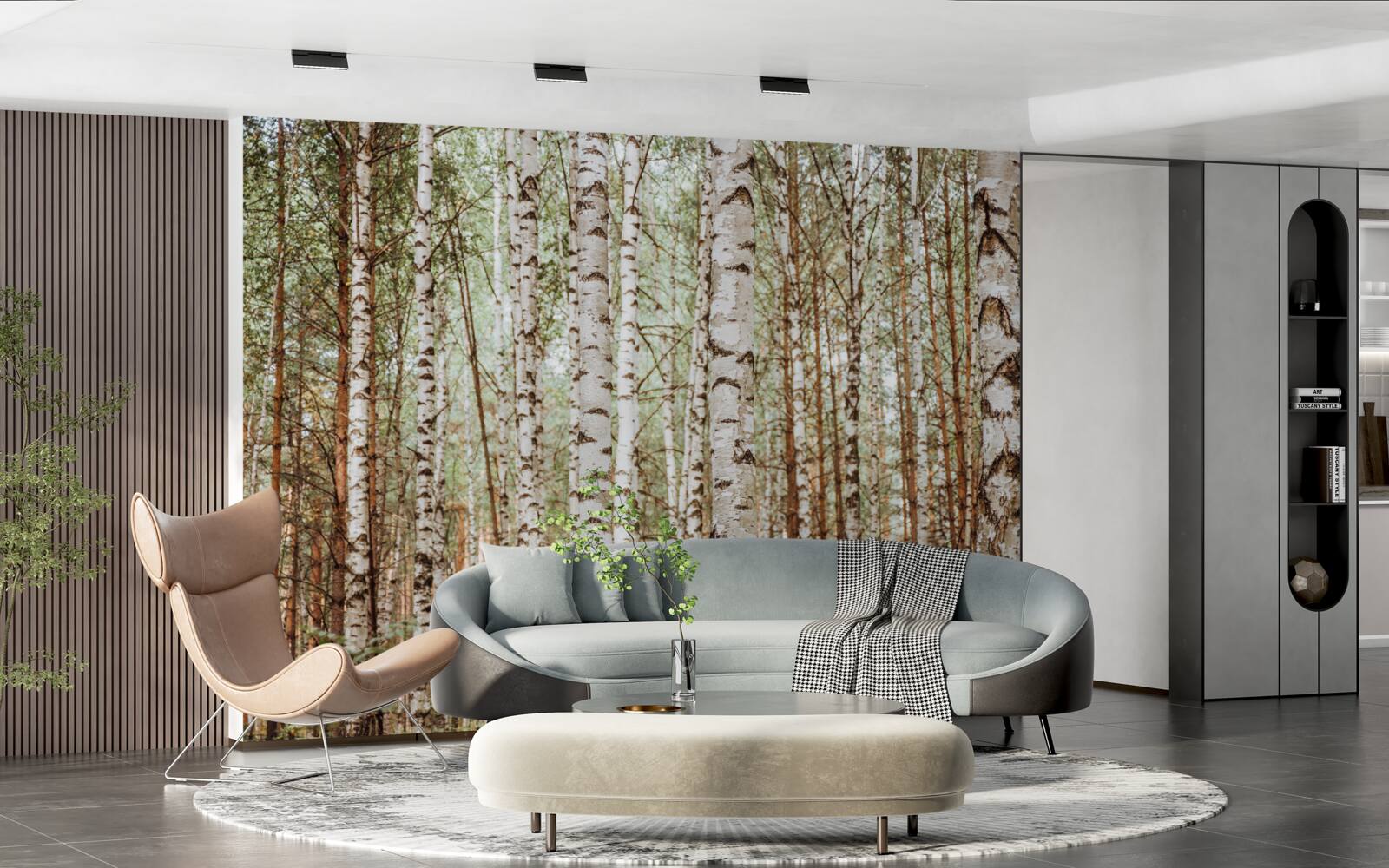 Фотошпалери у зеленому лісі стоять санні берези