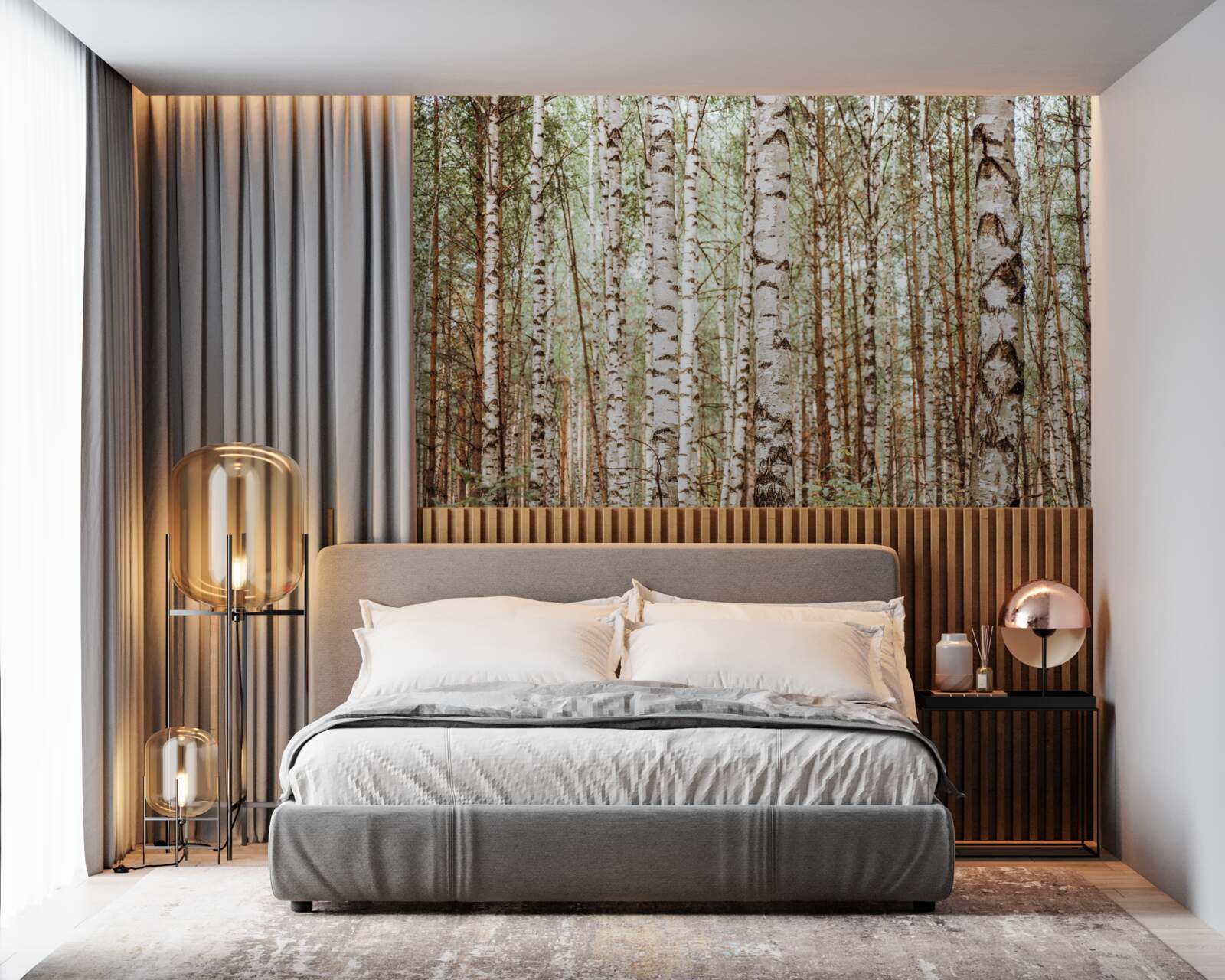 Фотошпалери у зеленому лісі стоять санні берези