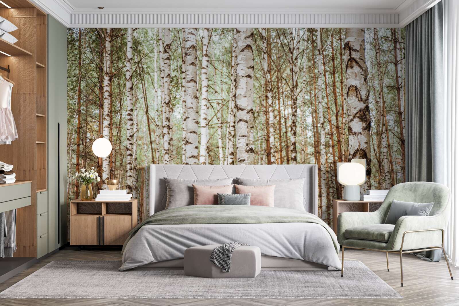 Фотошпалери у зеленому лісі стоять санні берези