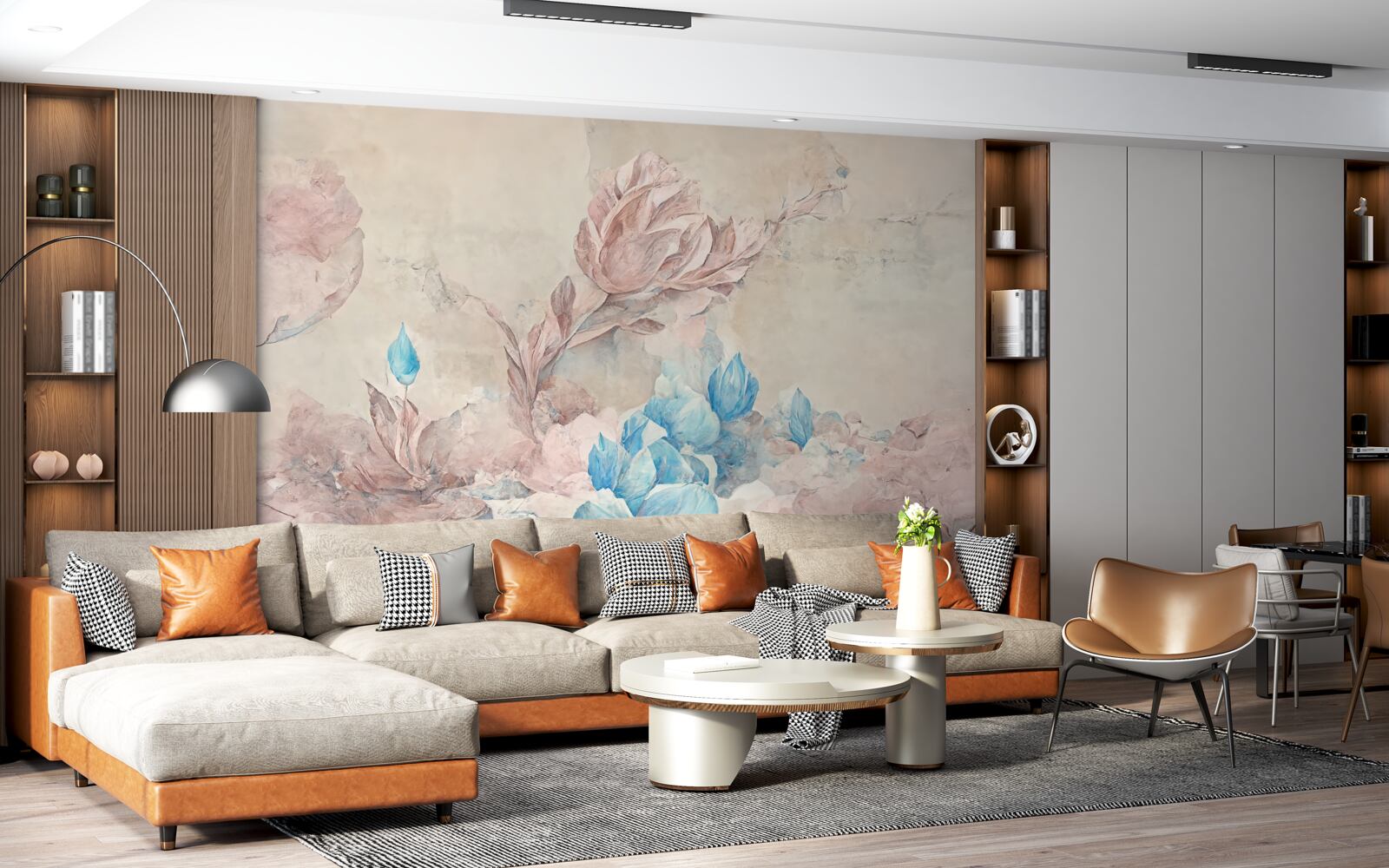 Фотошпалери рожеві квіти з блакитними пелюстками