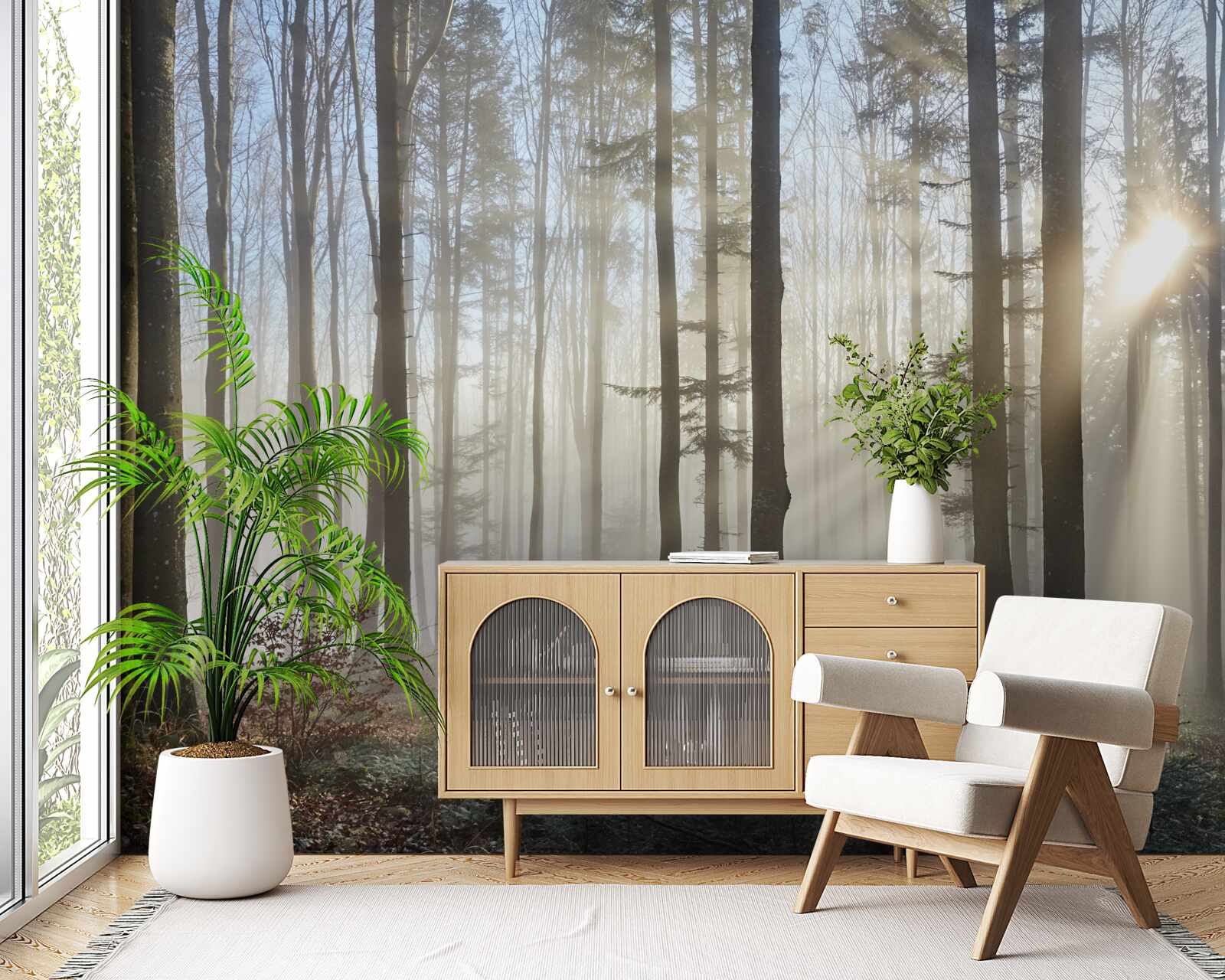 Фотошпалери сонячні промені пронизують туман у заростях дерев