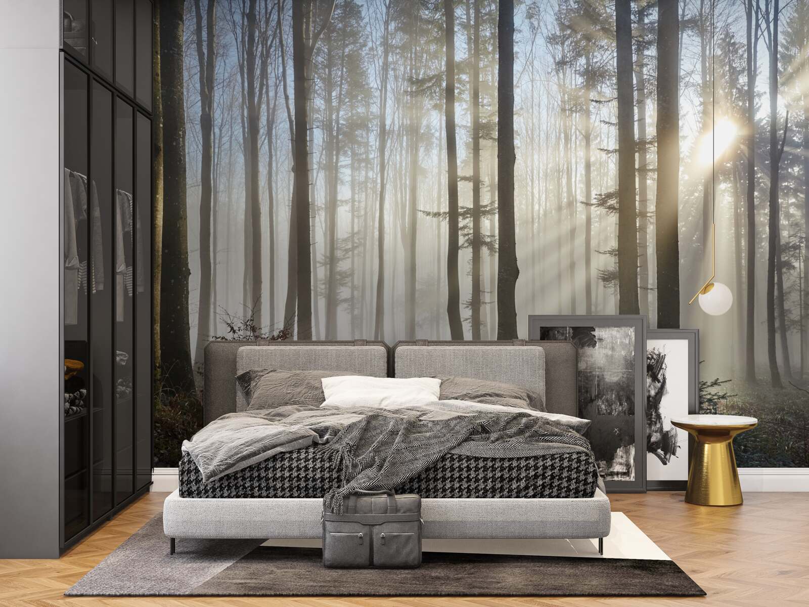 Фотошпалери сонячні промені пронизують туман у заростях дерев