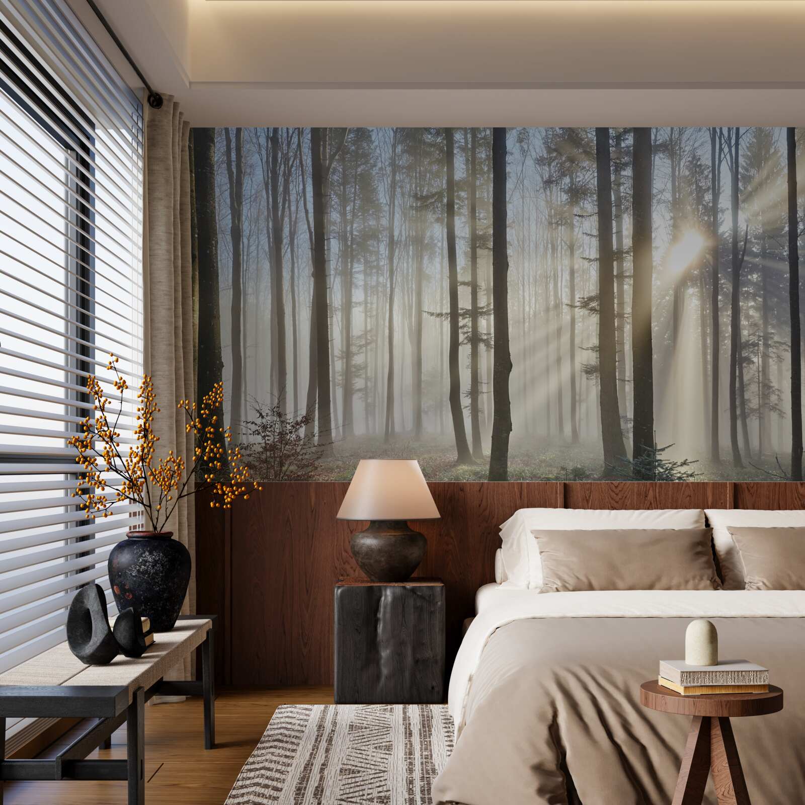 Фотошпалери сонячні промені пронизують туман у заростях дерев