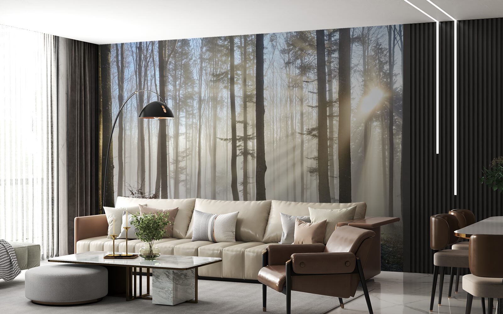 Фотошпалери сонячні промені пронизують туман у заростях дерев