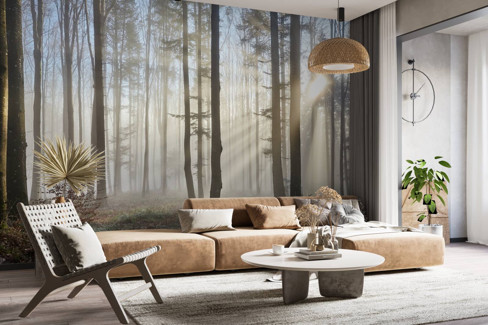 Фотошпалери сонячні промені пронизують туман у заростях дерев