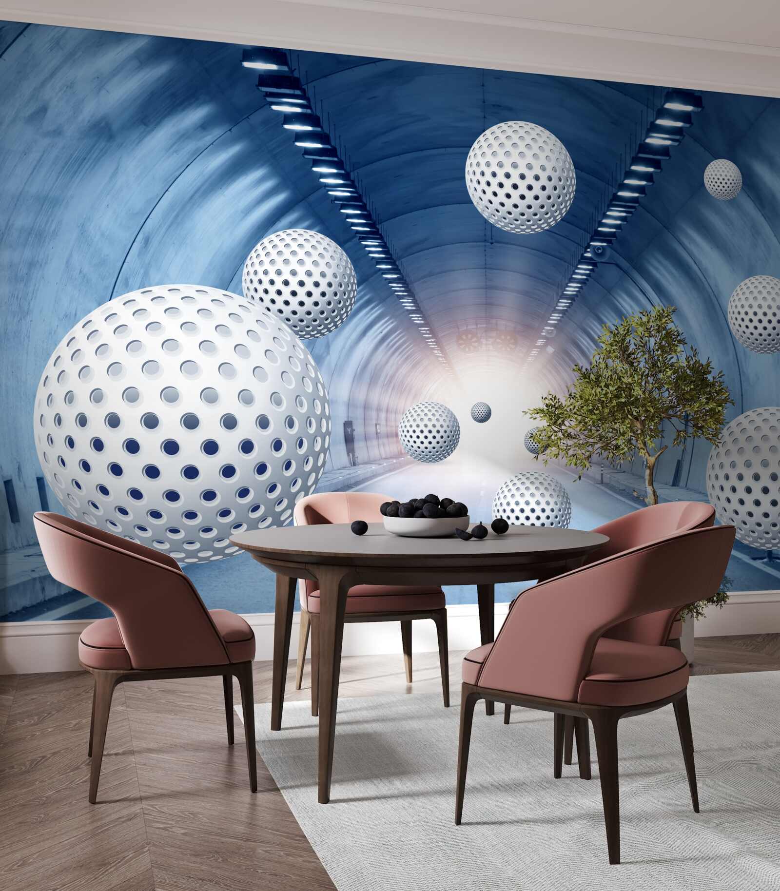 Фотошпалери синій перехід і білі кульки