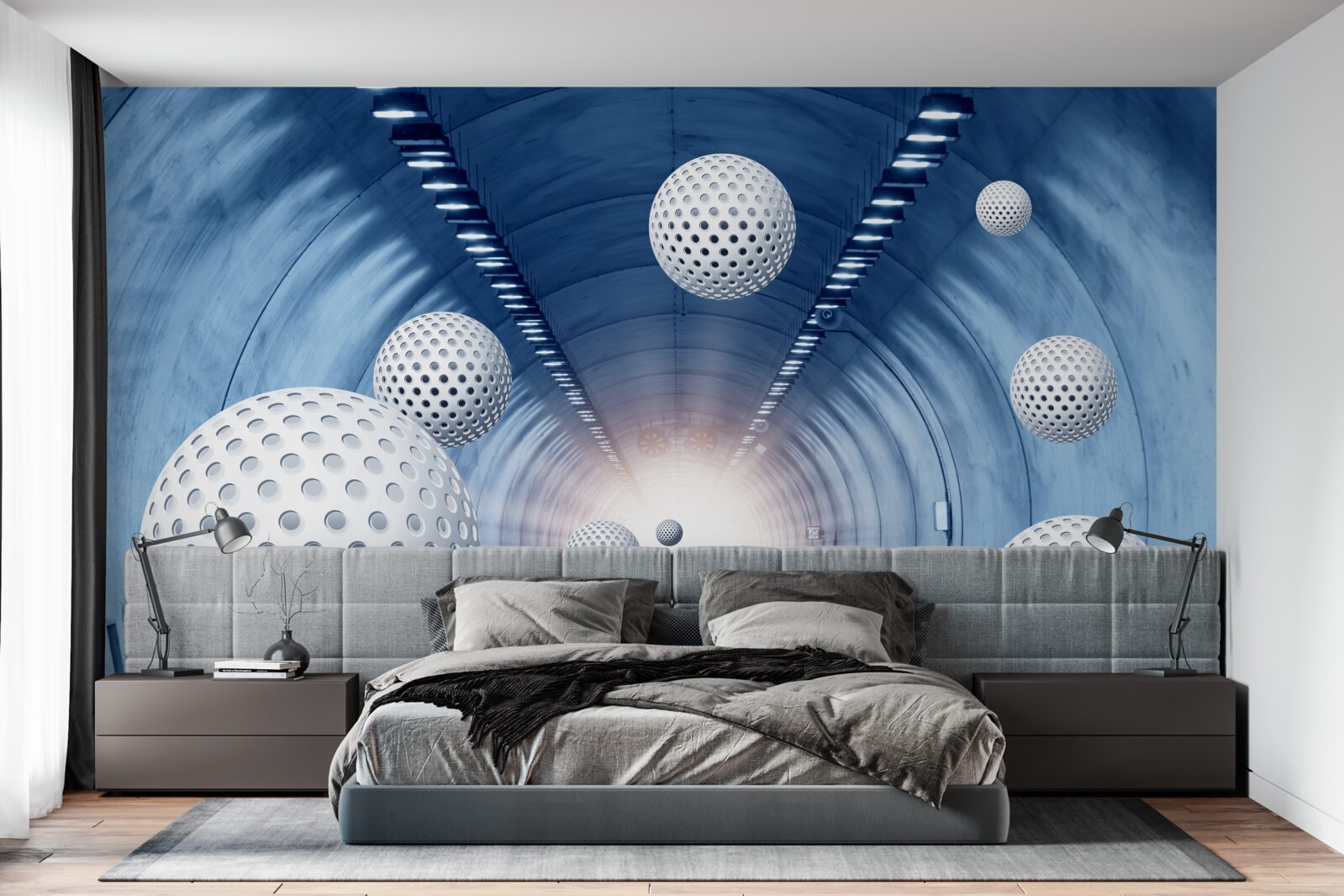 Фотошпалери синій перехід і білі кульки