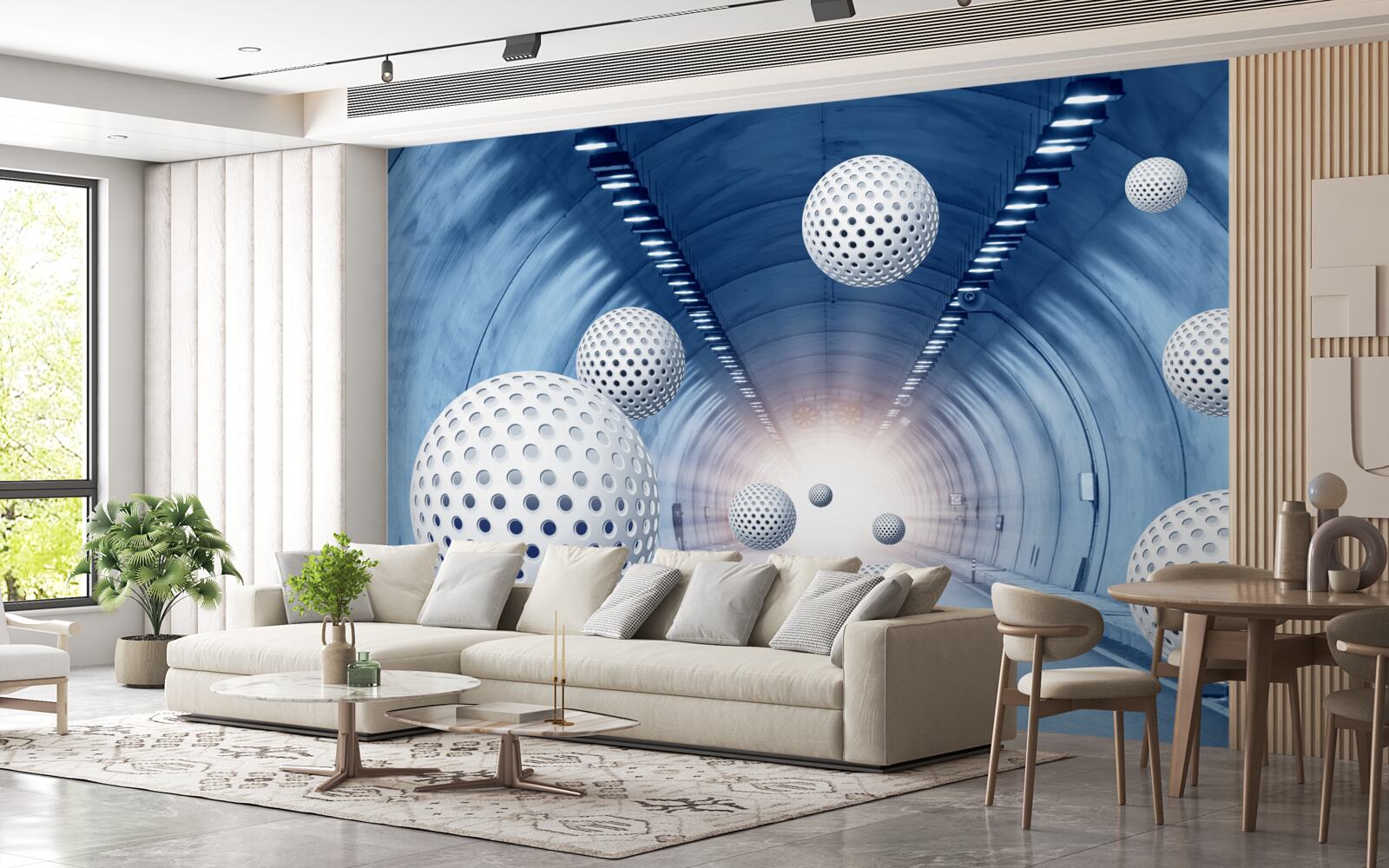 Фотошпалери синій перехід і білі кульки