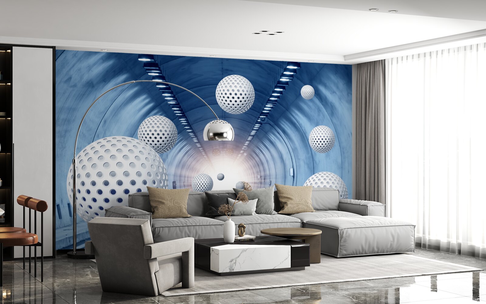 Фотошпалери синій перехід і білі кульки