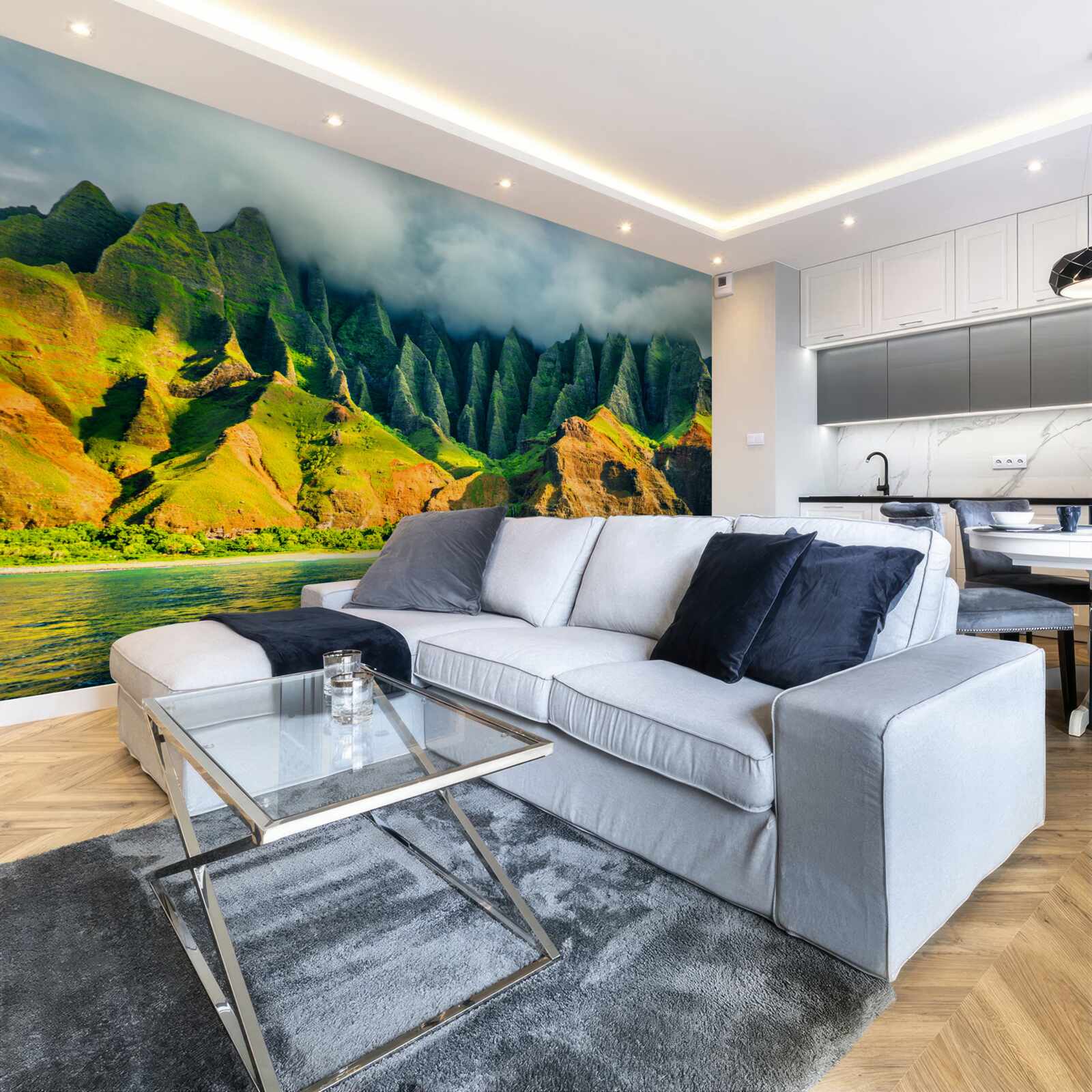 Фотошпалери краєвиди на гірське озеро сповнені барв