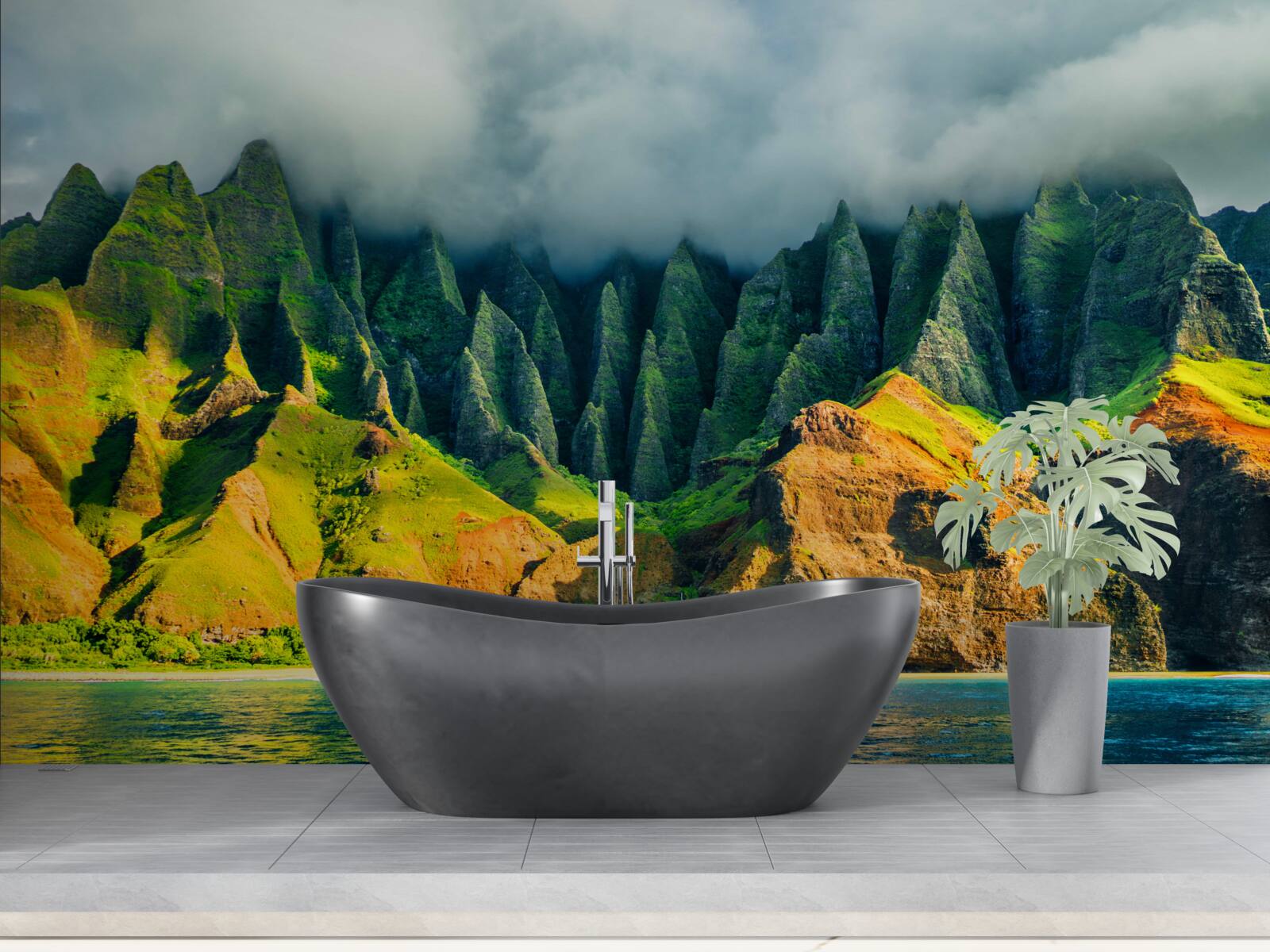 Фотошпалери краєвиди на гірське озеро сповнені барв