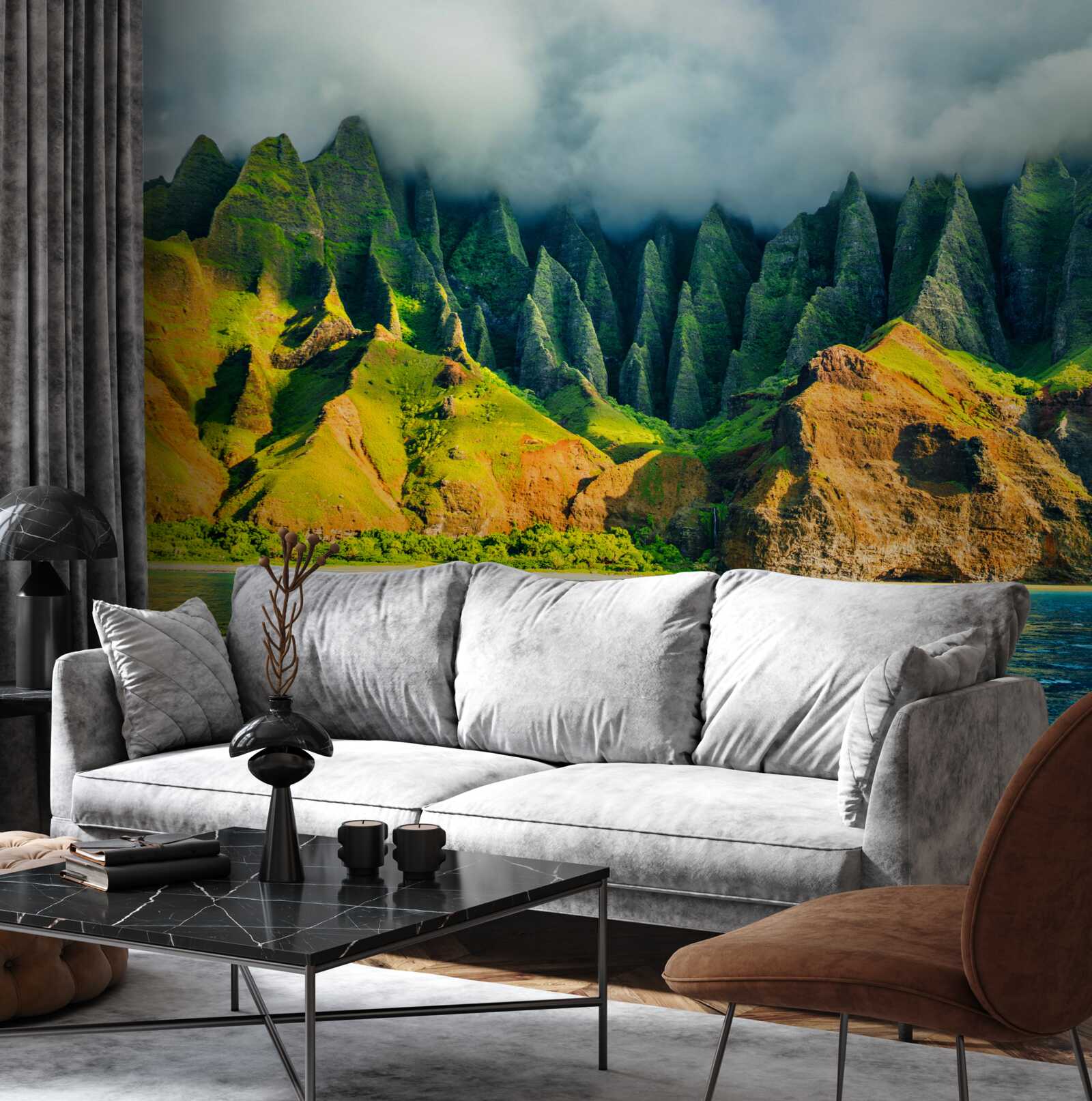 Фотошпалери краєвиди на гірське озеро сповнені барв