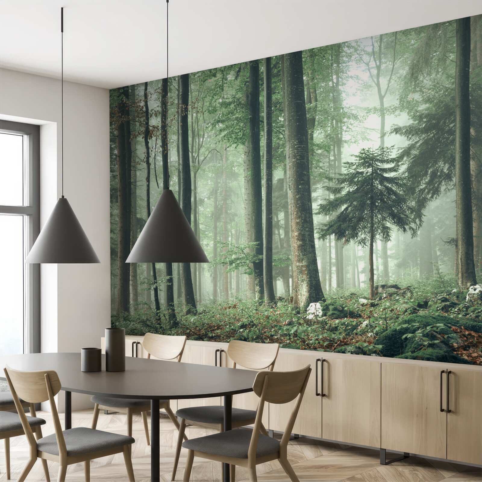 Фотошпалери Світло крізь туман у лісі листяних дерев