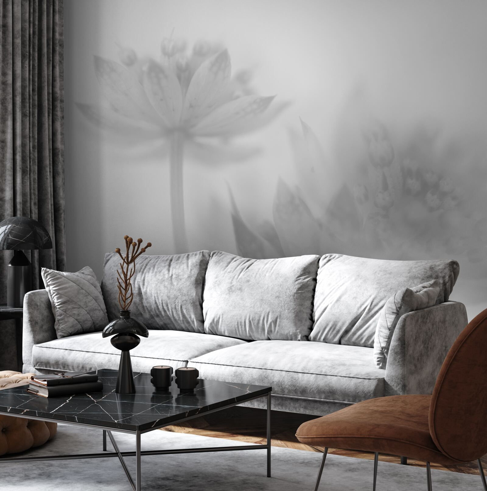 Фотошпалери лотоси у відтінках чорного та білого