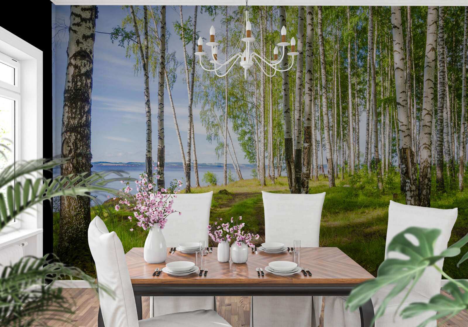 Фотошпалери галявина з березами біля озера, оточена зеленню