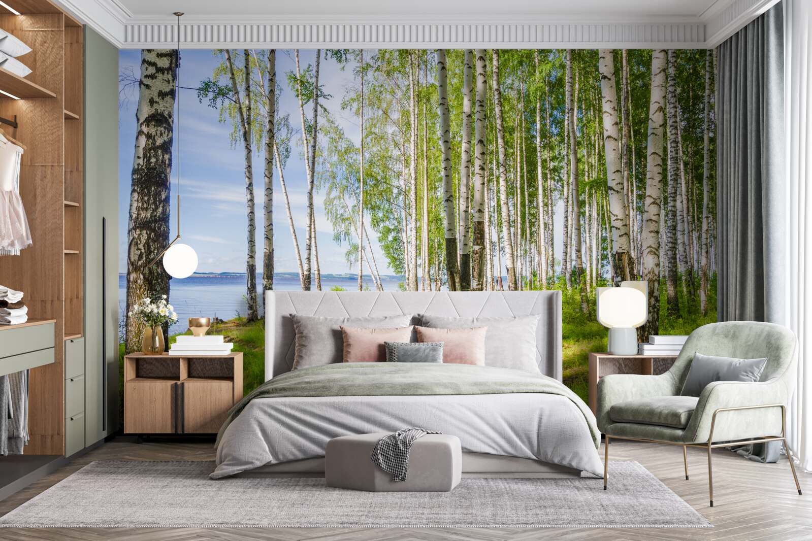 Фотошпалери галявина з березами біля озера, оточена зеленню