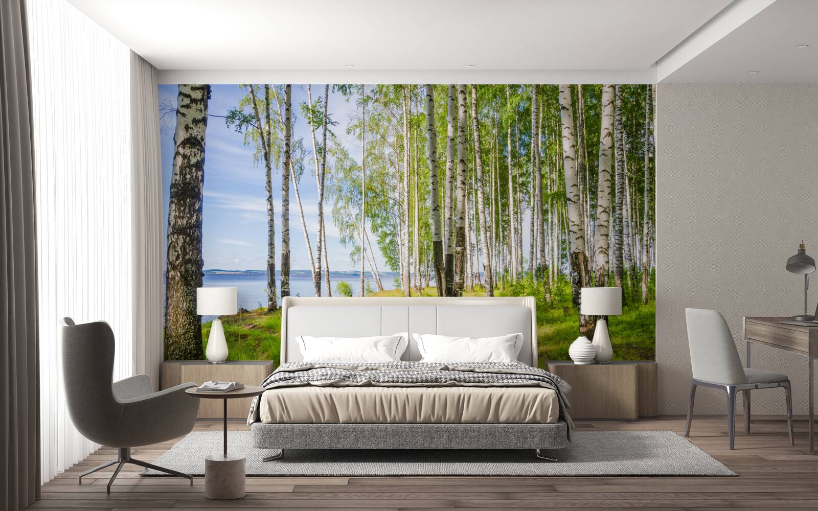 Фотошпалери галявина з березами біля озера, оточена зеленню